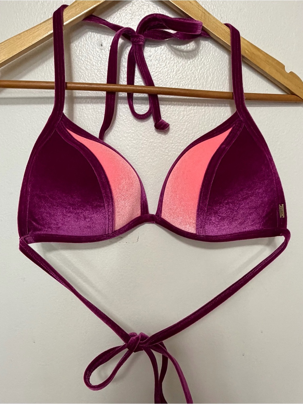 Victoria Secret PINK ColorBlock Velvet Halter Bikini in Magenta and Coral NWOT